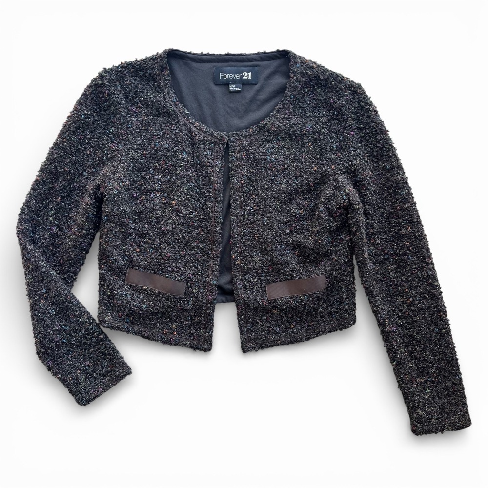 Forever 21 Women M Black Multicolor Confetti Speckles Boucle Cropped Blazer Chic
